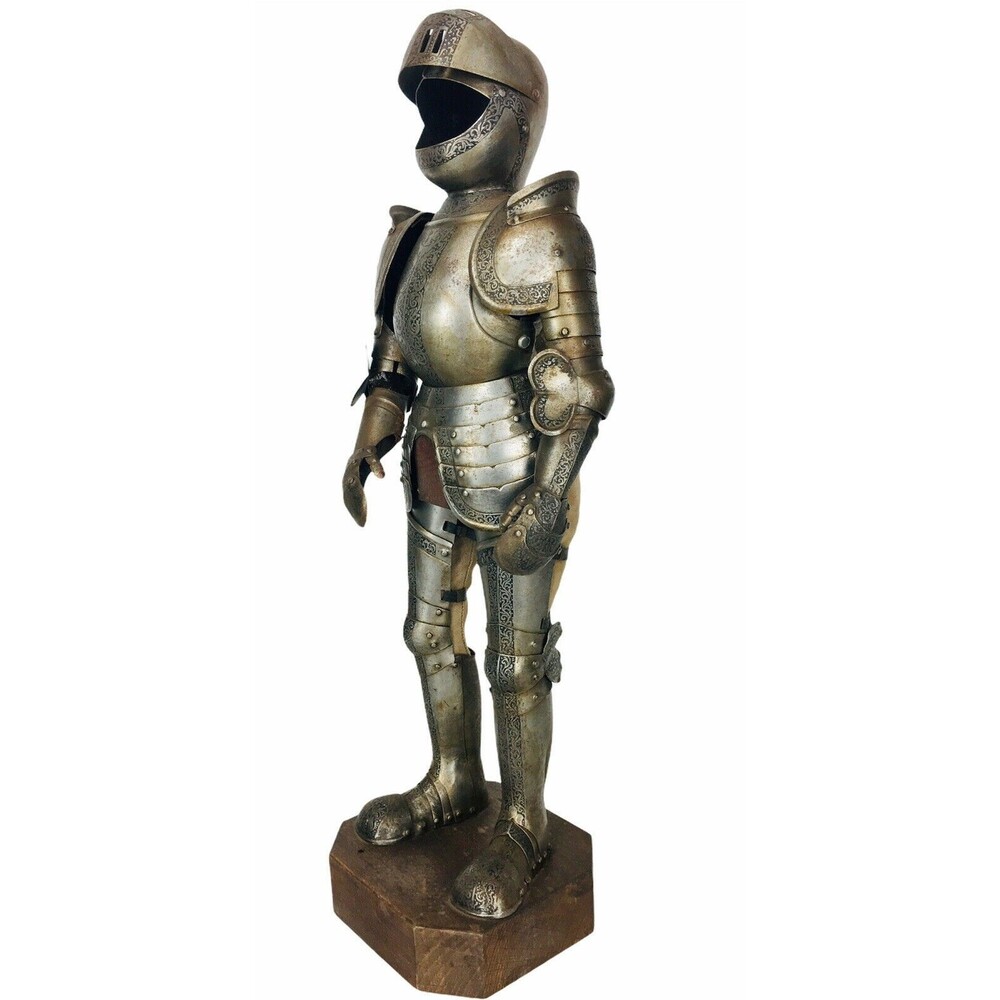 Antique Medieval Knight In Templar Armor On Wooden Stand Figurine Statue 18"